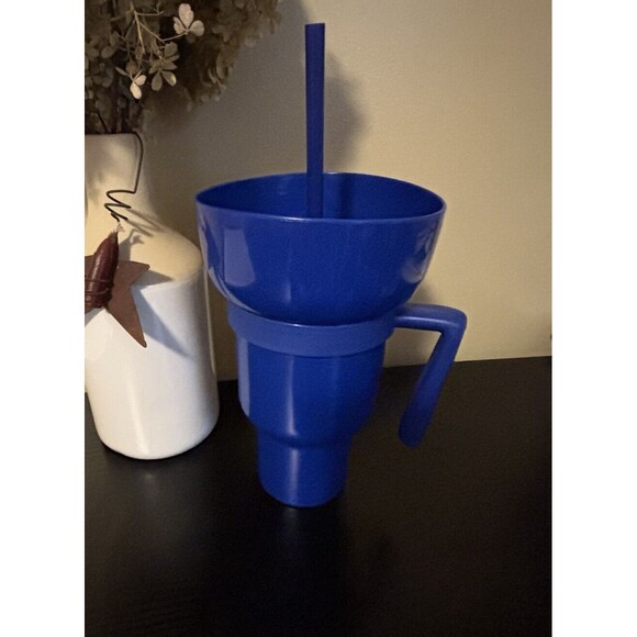 2 in 1 Portable Blue Popcorn Candy Party Holiday Drink Mix Cup w/ Handle NEW - Picture 6 of 6
